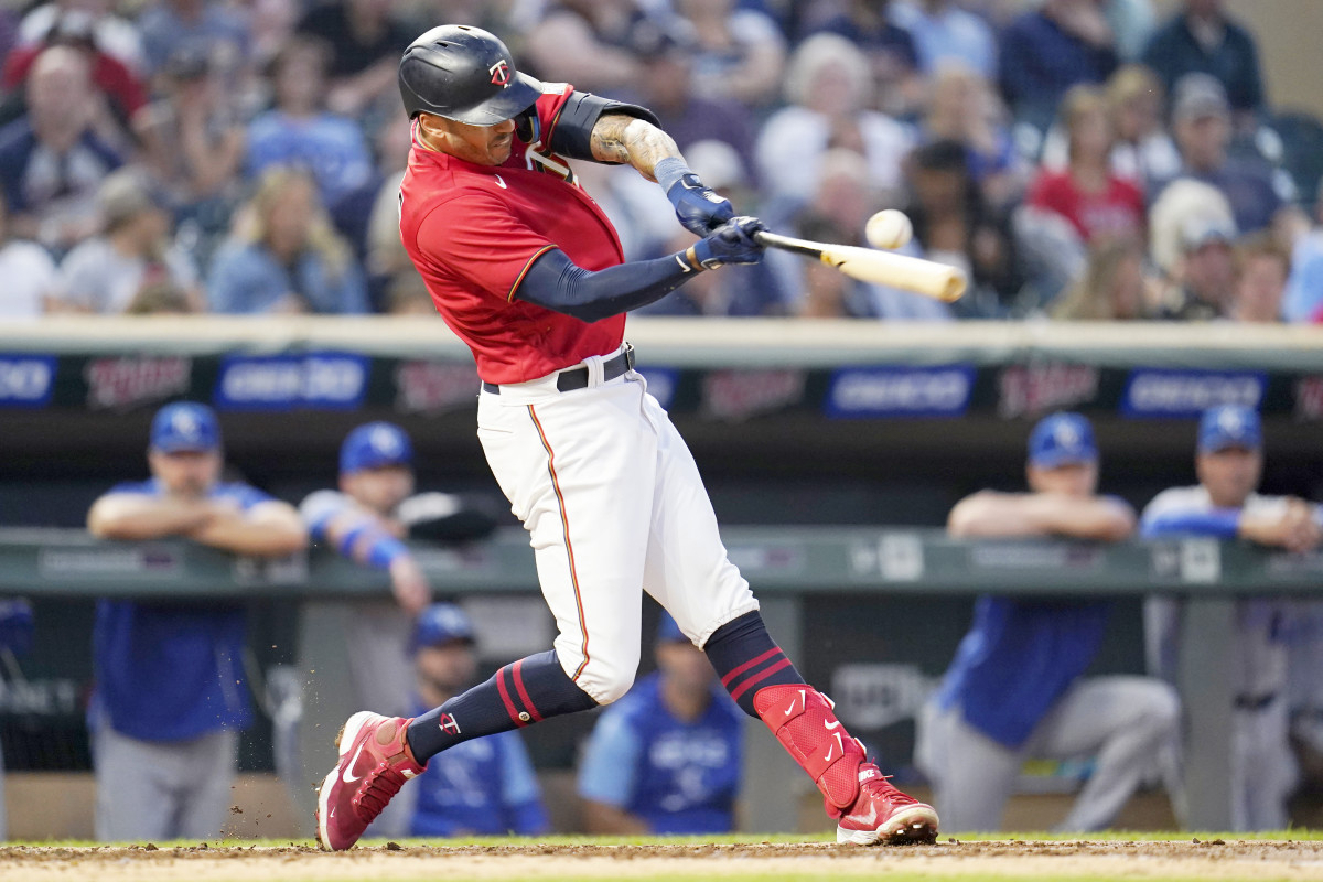 Former Twins Carlos Correa hits an RBI double during the third inning of a baseball game against the Royals on Tuesday, Sept. 13, 2022, in Minneapolis.